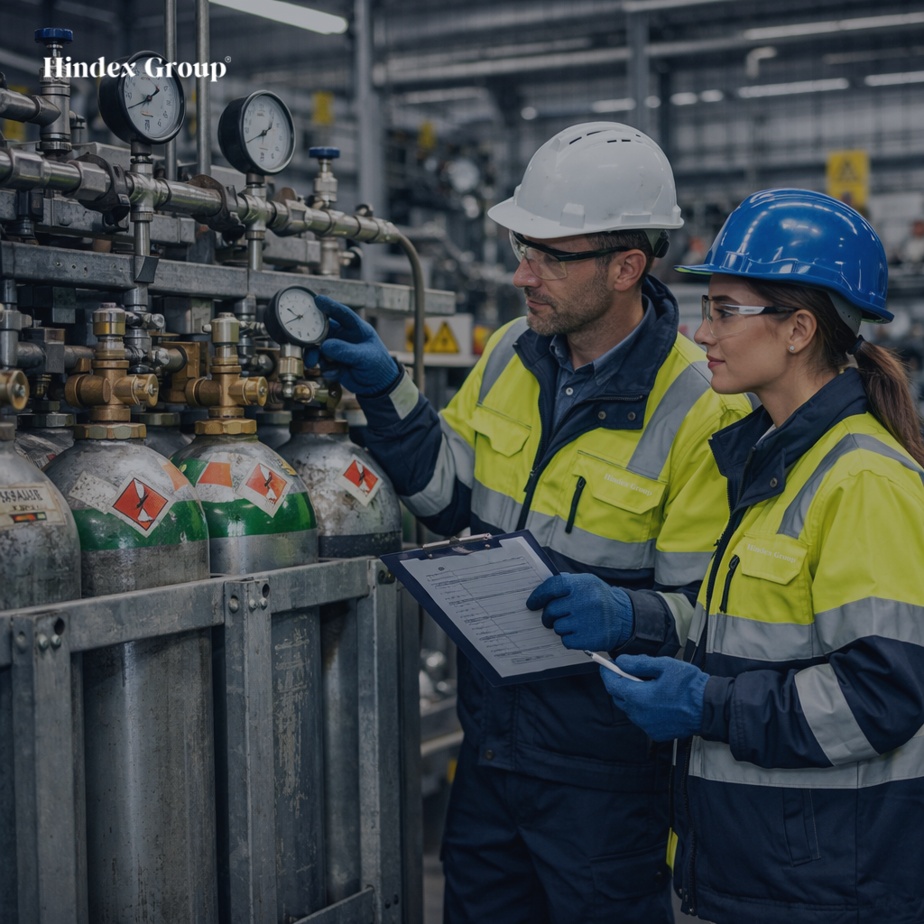 Engineers inspecting industrial gas cylinders and safety equipment inside a manufacturing facility.