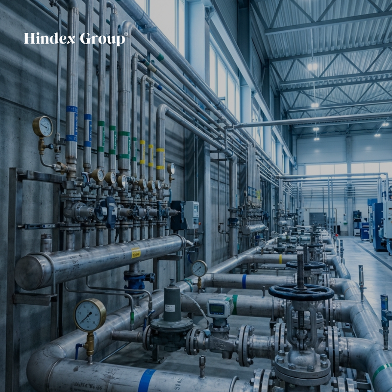 Industrial gas pipeline system with valves and pressure gauges in manufacturing facility