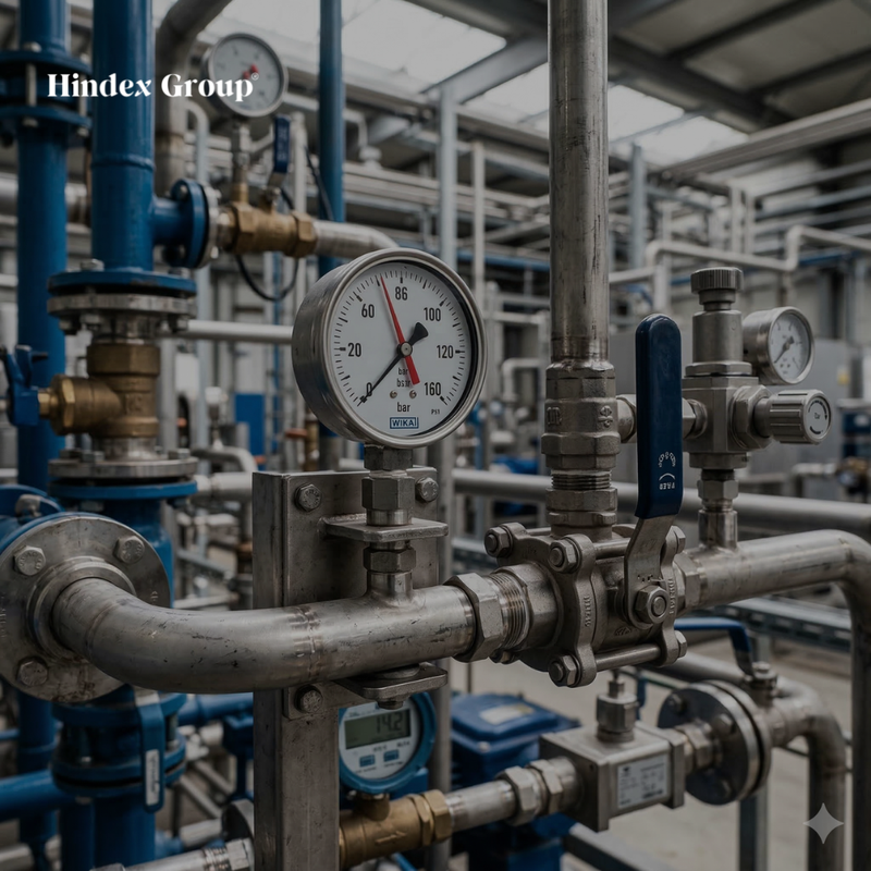 industrial gas quality testing system with gauges and monitoring equipment in manufacturing facility